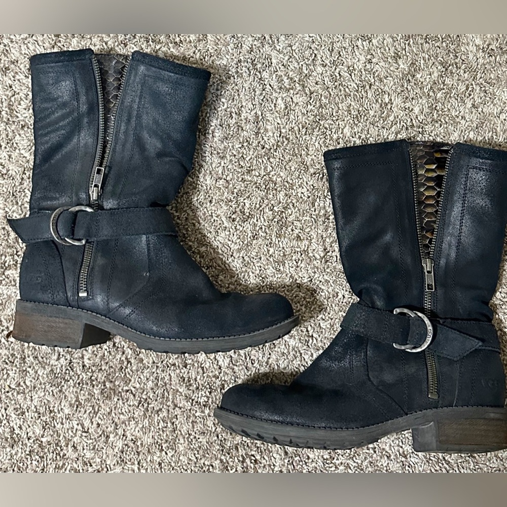 Ugg Silva Black Leather Zip Moto Snake Gusset Harness Boot